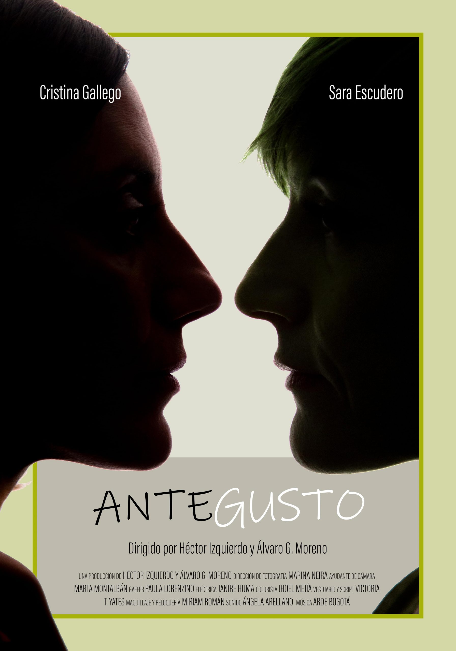 Cartel oficial del cortometraje 'Antegusto' con siluetas en primer plano de Cristina Gallego y Sara Escudero con el título y créditos del film.